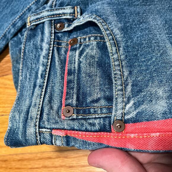 Kapital Red Stripe Blue Denim Jeans 28” x 31” Made in Japan Americana Button Fly - Picture 13 of 14